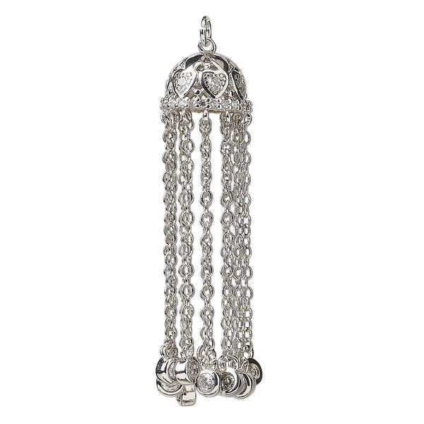 Component, cubic zirconia and imitation rhodium-plated brass, clear, 46x12mm tassel with heart design and 4mm rounds with 1.6mm cable chain. Sold individually. image number 0