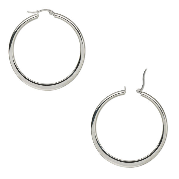 Earring, stainless steel, 48mm smooth flat round hoop with latch-back closure. Sold per pair. image number 0