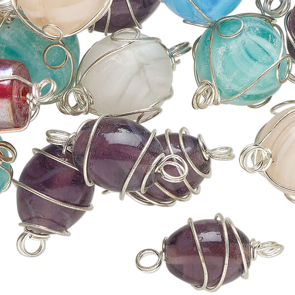 Link mix, silver-finished brass and lampworked glass, translucent mixed colors, 14x8mm-20x13mm mixed shapes with swirls. Sold per pkg of 40. image number 0