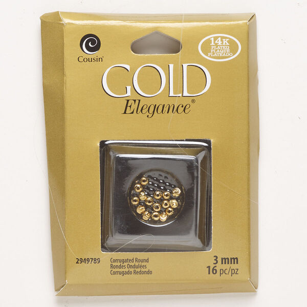 Bead, copper, pkg/16, gold plate, 3mm corrugated round. image number 0