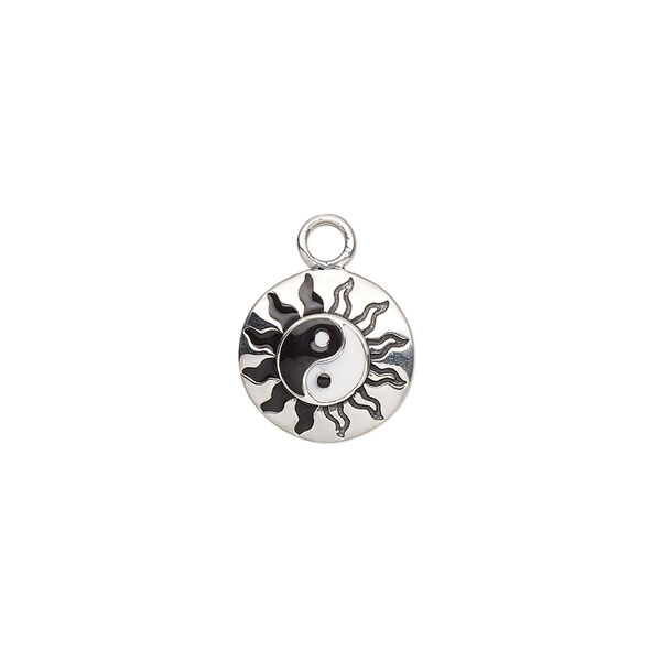 Charm, antique sterling silver and enamel, black and white, 12mm single-sided domed round with yin-yang and sun designs. Sold individually. image number 0