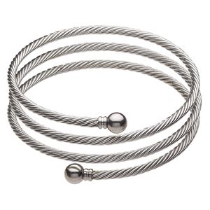 Bracelet, bangle, stainless steel, 3.5mm triple twisted cable, 8 inches with 8mm twist-off ball ends. Sold individually.
