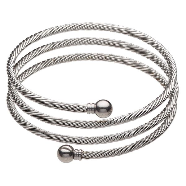 Bracelet, bangle, stainless steel, 3.5mm triple twisted cable, 8 inches with 8mm twist-off ball ends. Sold individually. image number 0