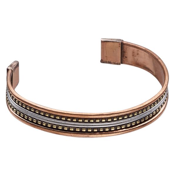 Bracelet, cuff, brass / copper / aluminum, 11mm wide with beaded and lines design, adjustable from 7 to 8 inches. Sold individually. image number 0