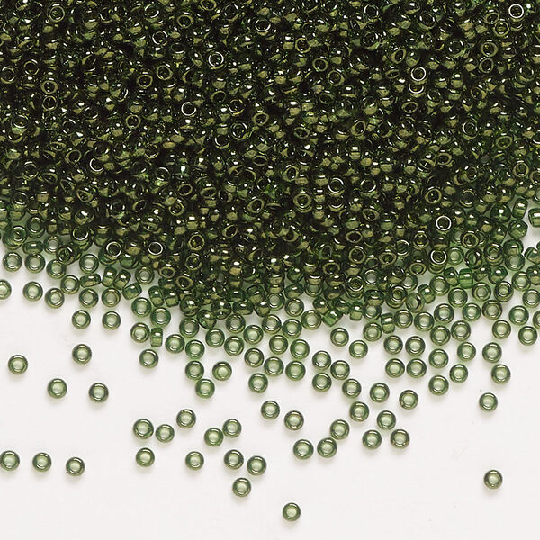 Seed bead, Miyuki, glass, pkg/35g, #15 rocaille, translucent gold luster olive (RR-306). image number 0