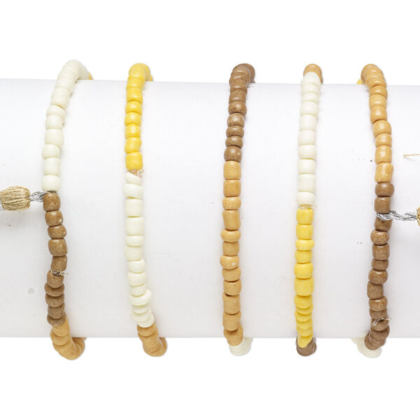 Bracelet mix, stretch, glass, browns / white / multicolored, #6 round with 45mm tassel, 7-1/2 inches. Sold per pkg of 5. image number 0