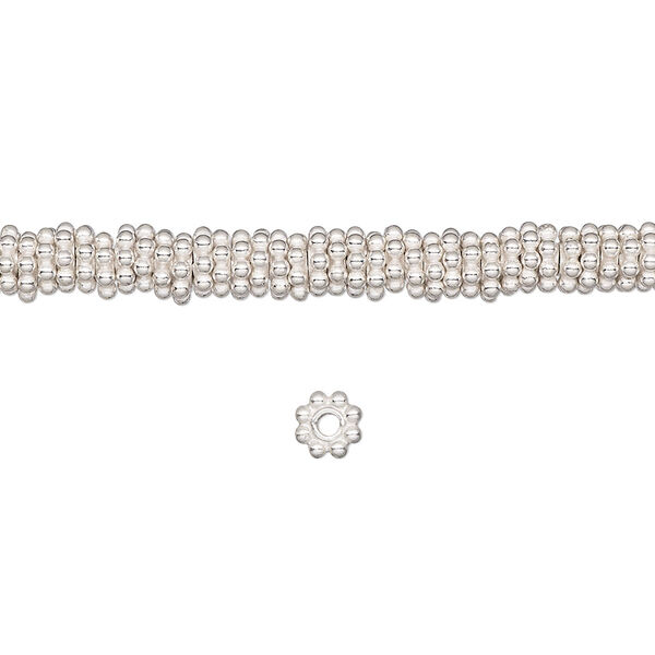 Bead, sterling silver, 5x1mm beaded flat rondelle. Sold per 1/4 troy ounce pkg, approximately 40-45 beads. image number 0