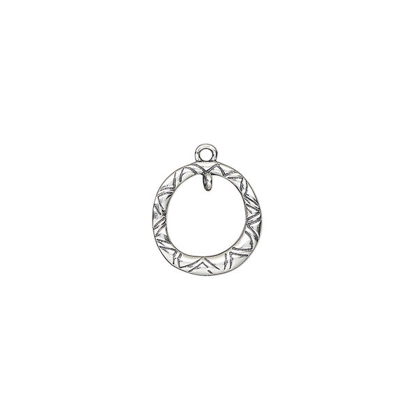 Drop, antiqued sterling silver, 11.5mm single-sided open round with lined design and inside loop. Sold individually. image number 0