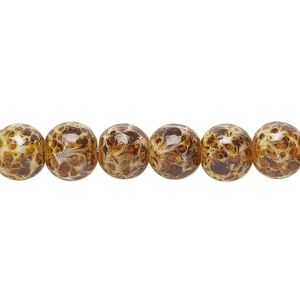Bead, glass, opaque light brown and dark brown, 7-8mm round with random spotted pattern. Sold per 15-1/2" to 16" strand.