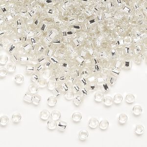 Seed bead, Dyna-Mites™, glass, silver-lined translucent clear, #8 round with square hole. Sold per 40-gram pkg.