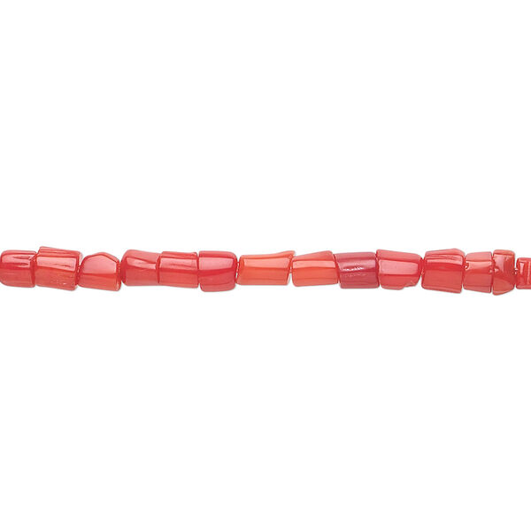 Bead, coral (dyed), red, 2x1mm-5x4mm hand-cut freeform tube, Mohs hardness 3-1/2 to 4. Sold per 16-inch strand. image number 0