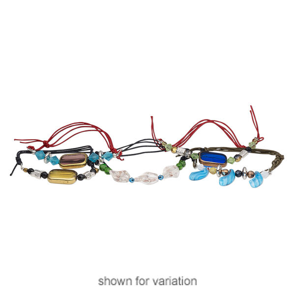 Bracelet mix, waxed cotton cord / glass / silver-finished steel / gold- / silver-coated acrylic, multicolored, 4mm-30x20mm mixed shape, adjustable from 7-1/2 to 9 inches with slip knot closure. Sold per pkg of 5. image number 2