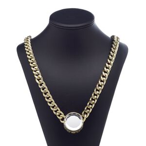 Necklace, glass / gold-finished brass / steel / "pewter" (zinc-based alloy), clear, 38mm flat round, 32 inches with 3-inch extender chain and lobster claw clasp. Sold individually.