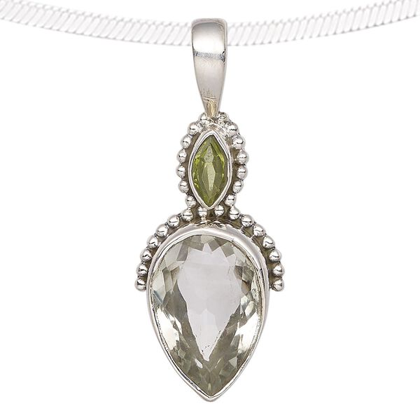 Pendant, peridot (natural) / green quartz (heated) / antiqued sterling silver, 42x16mm with beaded marquise and teardrop. Sold individually. image number 0