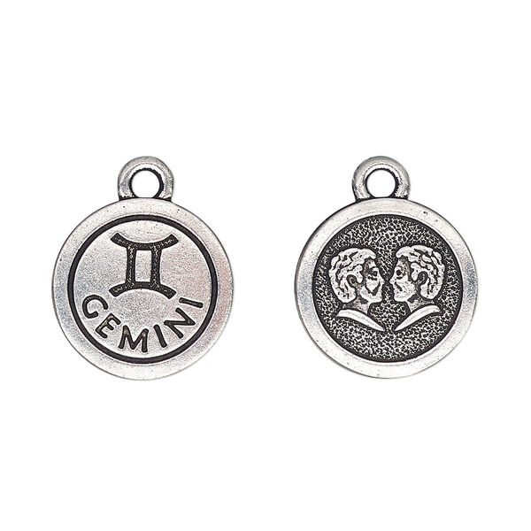 Charm, TierraCast®, antique silver-plated pewter (tin-based alloy), 15mm two-sided flat round with Gemini zodiac sign and symbol. Sold per pkg of 20. image number 0