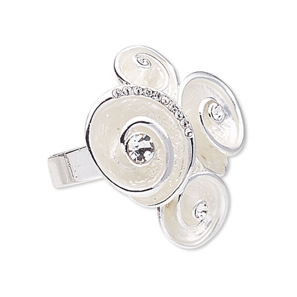 Ring, enamel / glass rhinestone / imitation rhodium-plated "pewter" (zinc-based alloy), white and clear, 31mm wide with swirls, adjustable. Sold individually. image number 0