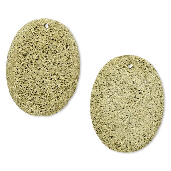 Focal, lava rock (dyed), yellow, 40x30mm flat oval, B- grade, Mohs hardness 3 to 3-1/2. Sold per pkg of 2. image number 0