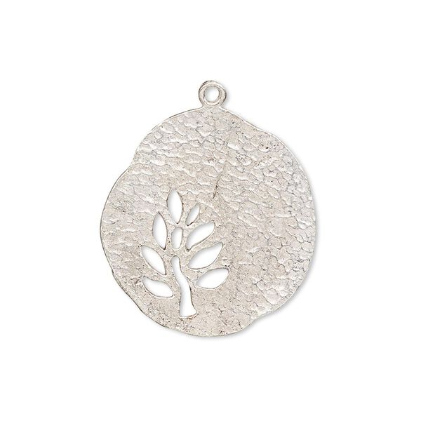 Drop, silver-plated copper, 24x23mm hammered freeform with tree cutout. Sold individually. image number 0