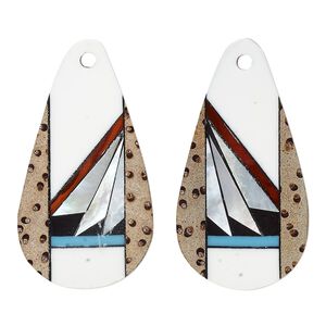 Drop, multi-shell (assembled) and resin, multicolored, 28x15mm single-sided right- and left-facing flat teardrop. Sold per pkg of 2.