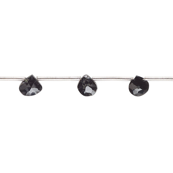 Bead, black spinel (natural), 5-7mm hand-cut top-drilled faceted puffed teardrop, C grade, Mohs hardness 8. Sold per pkg of 12 beads. image number 0