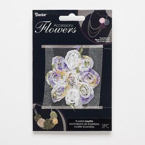 Sew-on component, fabric, white and multicolored, 2-1/2 to 2-3/4 inch flower. Sold per pkg of 3.