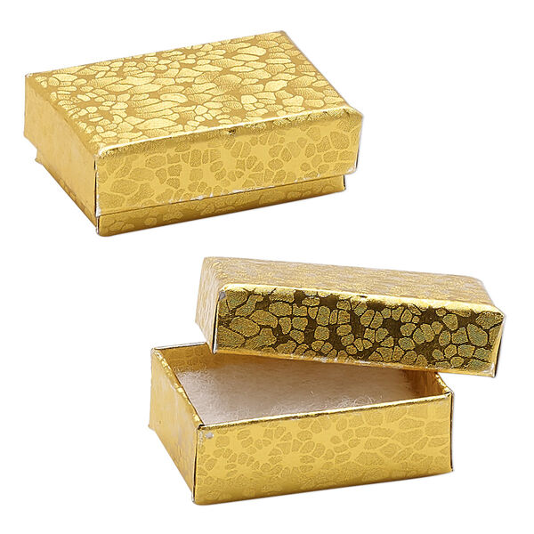 Box, paper, "cotton"-filled, gold, 1-7/8 x 1-1/4 x 5/8 inch rectangle. Sold per pkg of 10. image number 0