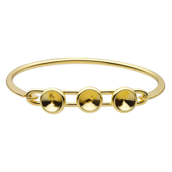 Bracelet, Almost Instant Jewelry®, bangle, gold-finished brass, 11mm wide with (3) SS39 rivoli glue-in settings and latch bar, 7 inches. Sold individually. image number 0