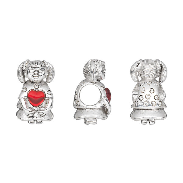 Bead, Dione®, antique silver-plated pewter (tin-based alloy) and glass, red, 15x9mm girl with heart, 5mm hole. Sold individually. image number 0