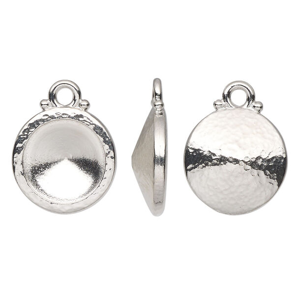 Drop, TierraCast®, Almost Instant Jewelry®, white bronze-plated pewter (tin-based alloy), 15mm hammered round with 12mm rivoli glue-in setting (1122). Sold per pkg of 20. image number 0