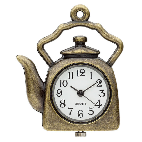 Watch face, stainless steel and antique brass-plated "pewter" (zinc-based alloy), white and black, 34mm single-sided tea kettle. Sold individually. image number 0