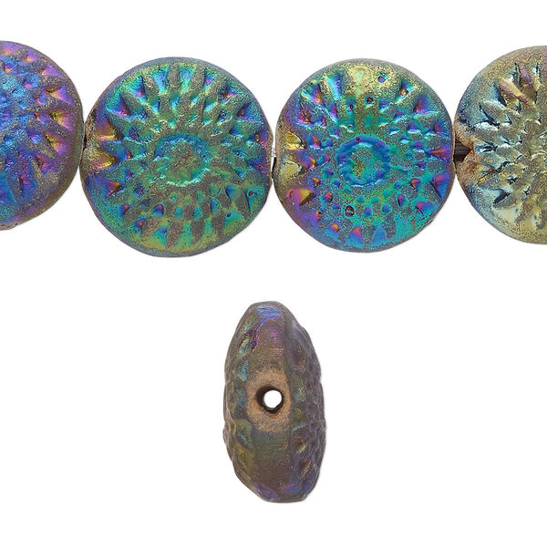 Bead, pressed clay, rainbow, 15-16mm handmade puffed round. Sold per 16-inch strand, approximately 25 beads. image number 0