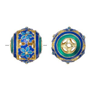 Bead, gold-finished and enamel, light blue / blue / green, 19mm round with cutout flower design. Sold individually.