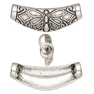 Slide, antique silver-finished "pewter" (zinc-based alloy), 39x16mm single-sided curved tube with butterfly design. Sold per pkg of 2.