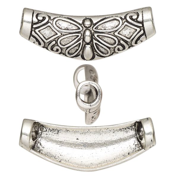 Slide, antique silver-finished "pewter" (zinc-based alloy), 39x16mm single-sided curved tube with butterfly design. Sold per pkg of 2. image number 0