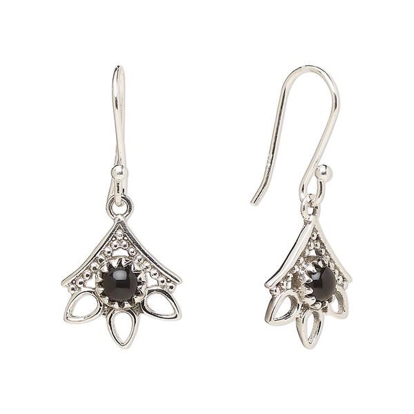 Earring, Create Compliments®, antiqued sterling silver and black onyx (dyed), fishhook, 28mm with 14x12.5mm single-sided beaded open 3-teardrop, 21 gauge. Sold per pair. image number 0