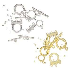 Clasp, toggle, gold- and silver-finished brass, assorted sizes. Sold per pkg of 8.