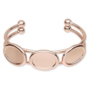 Bracelet, cuff, copper-plated brass and "pewter" (zinc-based alloy), 18mm wide with (3) 18x13mm oval settings, adjustable. Sold individually.
