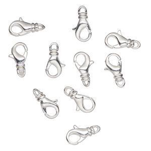 Clasp lobster claw 1pkg10 silver-plated, 12x7mm swivel, brass 1-strand