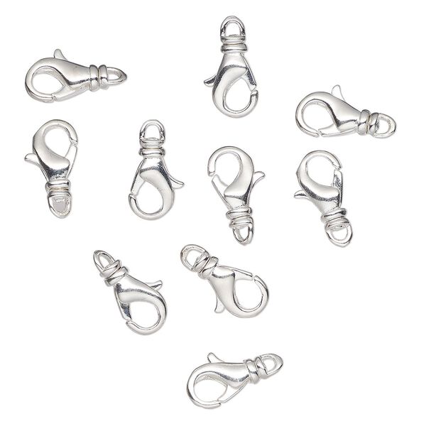 Clasp, lobster claw, silver-plated brass, 12x7mm. Sold per pkg of 10. image number 0