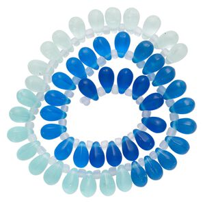 Bead, glass, translucent matte pale blue, blue and royal blue, 11x7mm top-drilled teardrop with irregular rondelles. Sold per 14-inch strand.