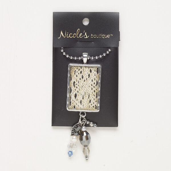 Necklace, glass / fabric / acrylic /  antique silver-finished "pewter" (zinc-based alloy) / silver-finished steel, multicolored, 80x27mm rectangle, 24 inches with lobster claw clasp. Sold individually. image number 0