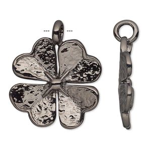 Pendant, gunmetal-plated pewter (tin-based alloy), 31.5x26mm single-sided 4-leaf clover. Sold individually.