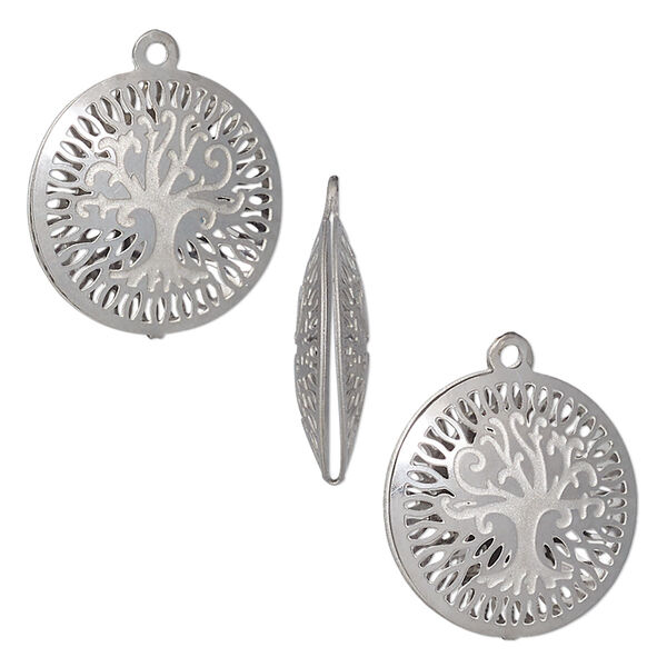 Drop, stainless steel, 18mm double-sided domed round with textured cut-out tree of life design. Sold per pkg of 6. image number 0