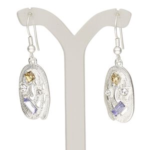 Earring, acrylic / glass rhinestone / silver-finished brass / "pewter" (zinc-based alloy), clear / blue / topaz yellow, 44.5mm with matte oval and fishhook ear wire. Sold per pair.
