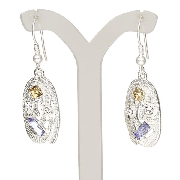 Earring, acrylic / glass rhinestone / silver-finished brass / "pewter" (zinc-based alloy), clear / blue / topaz yellow, 44.5mm with matte oval and fishhook ear wire. Sold per pair. image number 0