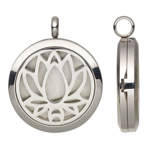Pendant, Everyday Jewelry, stainless steel, 37x30mm hinged round locket with single-sided cutout lotus and magnetic closure. Sold individually. image number 0