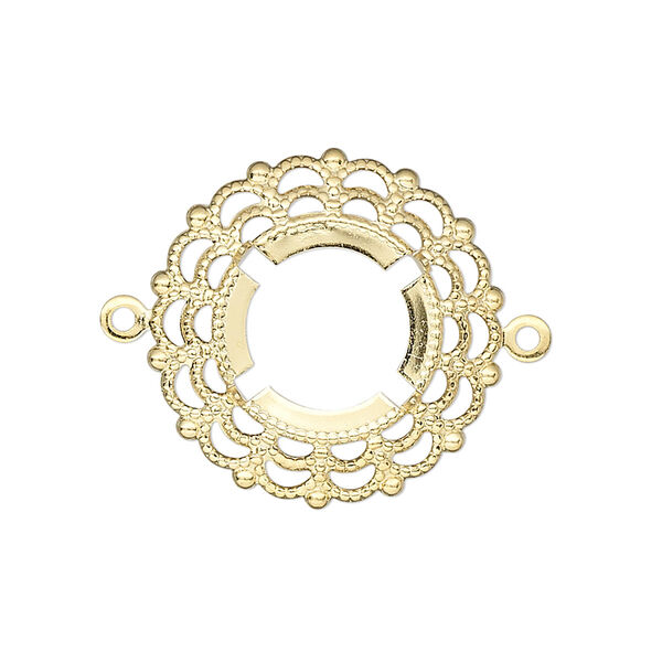 Link, gold-plated brass, 24mm round with 14mm 4-prong round setting. Sold per pkg of 12. image number 0