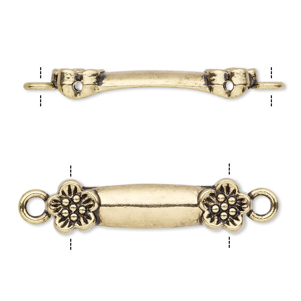 Link, antique gold-finished "pewter" (zinc-based alloy), 30x8mm double-drilled bar with flower design, fits up to 21.5mm bead. Sold per pkg of 10. image number 0