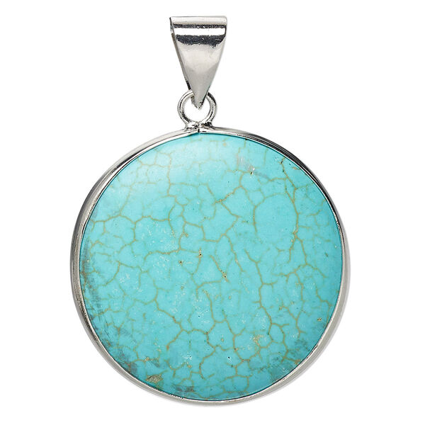 Pendant, magnesite (dyed / stabilized) and imitation rhodium-plated brass, blue, 31mm double-sided round, B grade, Mohs hardness 3-1/2 to 4. Sold individually. image number 0