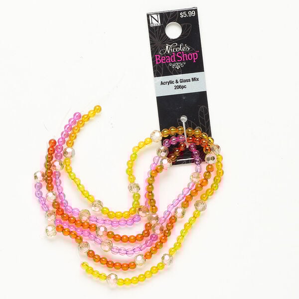 Bead 1pkg206, glass and acrylic, pink / yellow / orange, 4mm round and 6mm faceted round. image number 0